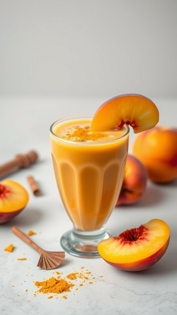 A refreshing peach and turmeric smoothie in a glass with peach slices on the side.