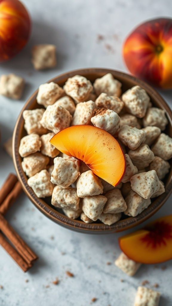 A bowl of Peach Cobbler Muddy Buddies with dried peaches and cinnamon.