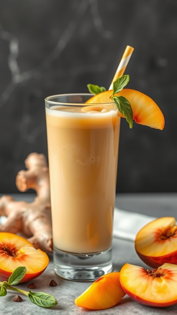 A refreshing peach ginger smoothie garnished with peach slices and mint leaves.