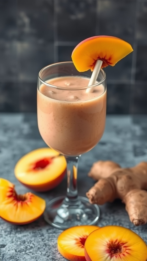 A refreshing peach ginger smoothie in a glass, surrounded by fresh peach slices and ginger root.