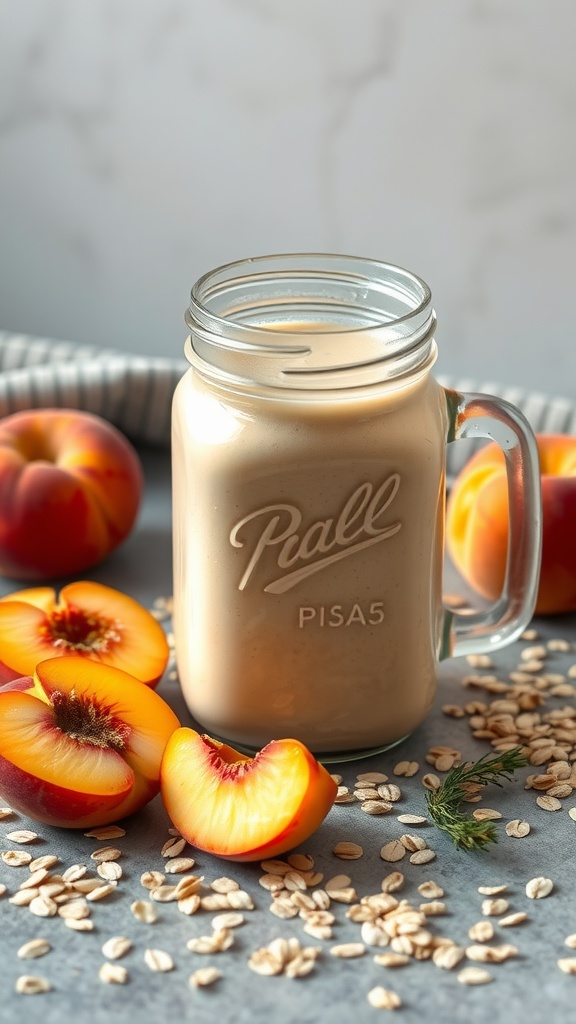 A peach oatmeal protein smoothie in a glass jar, surrounded by fresh peach slices and oats.