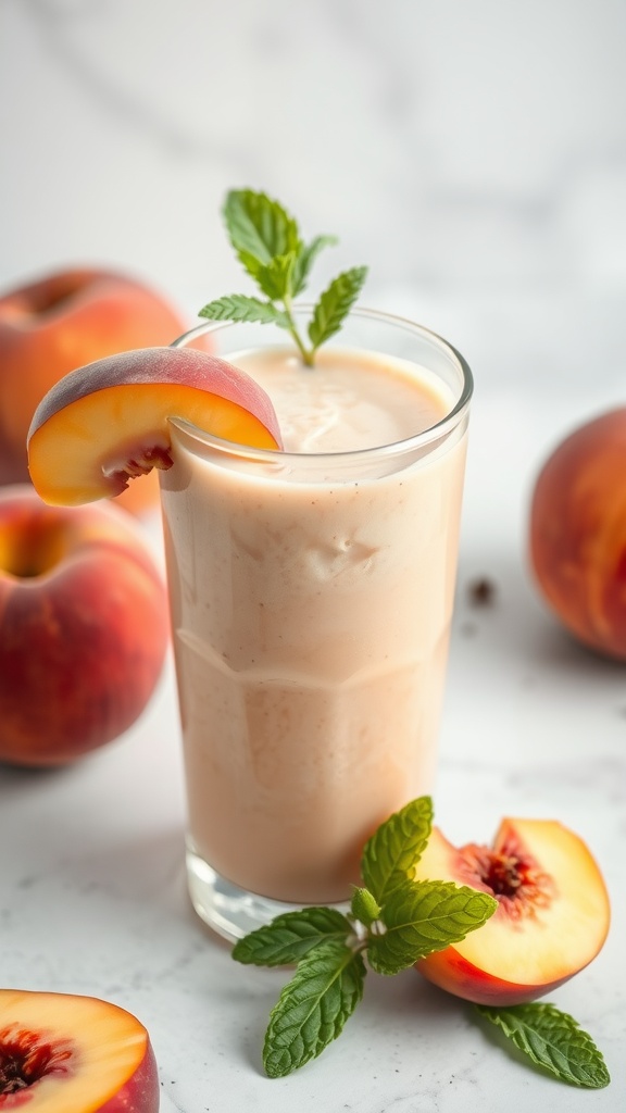 A refreshing peach smoothie garnished with mint leaves and peach slices