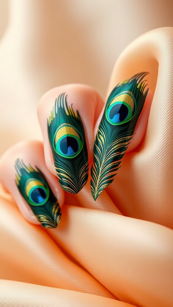 Nails featuring peacock feather designs with green and gold colors on a soft background.