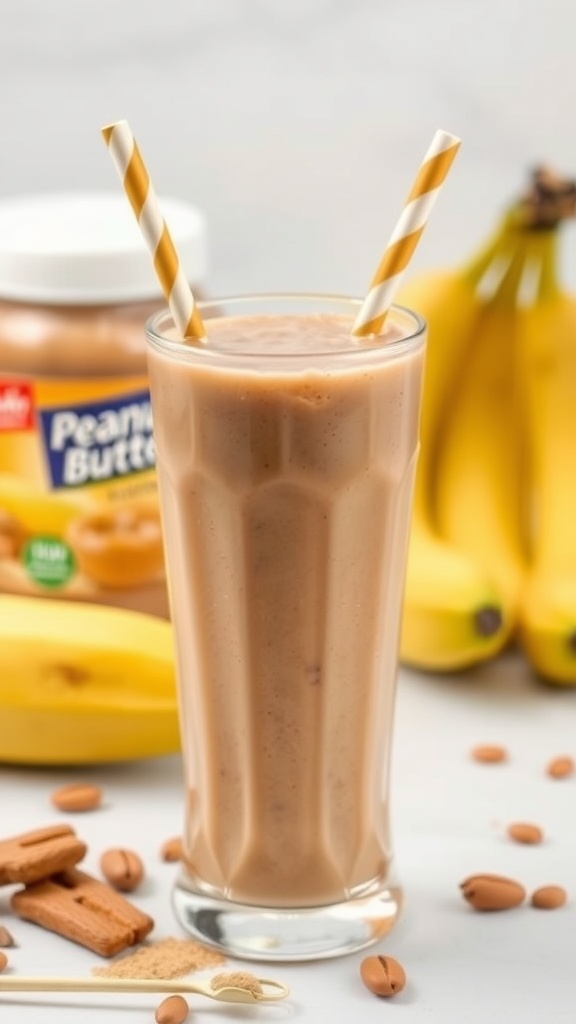 A creamy peanut butter banana smoothie in a glass with two straws.