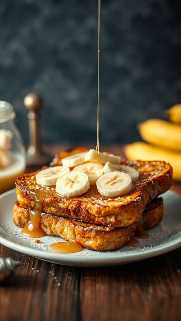 A plate of Peanut Butter Banana French Toast topped with sliced bananas and syrup.