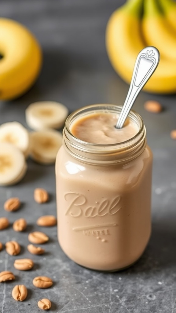 A peanut butter and banana smoothie in a mason jar with sliced bananas and peanuts around it.