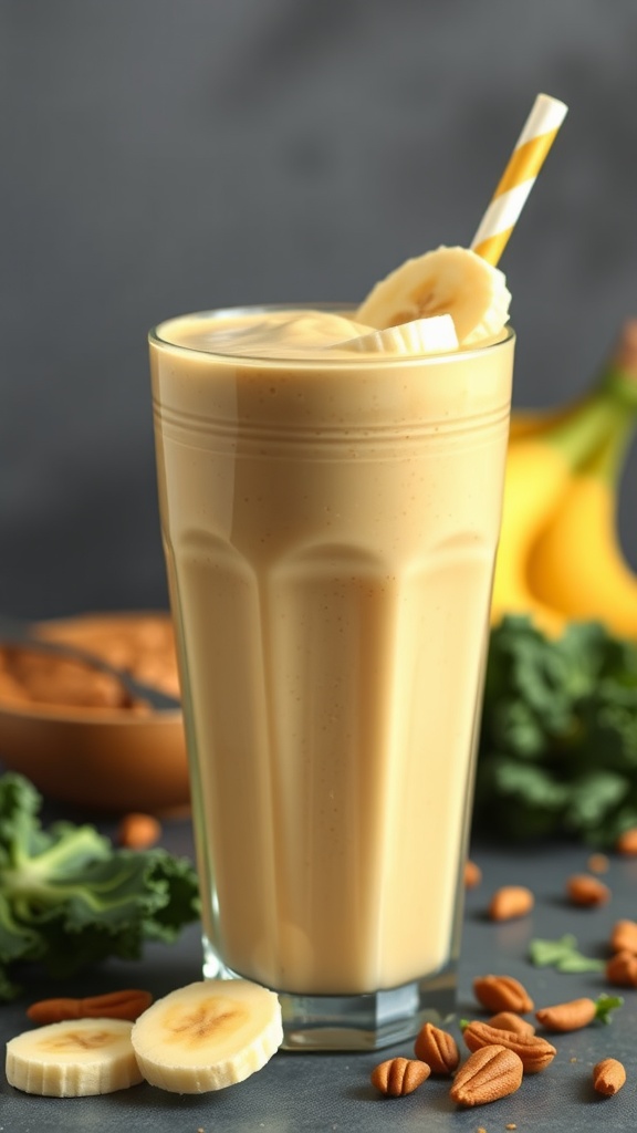 A refreshing peanut butter banana kale smoothie in a glass, garnished with banana slices.