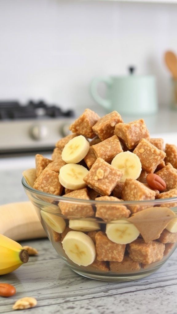 A bowl of peanut butter banana muddy buddies with banana slices and nuts.