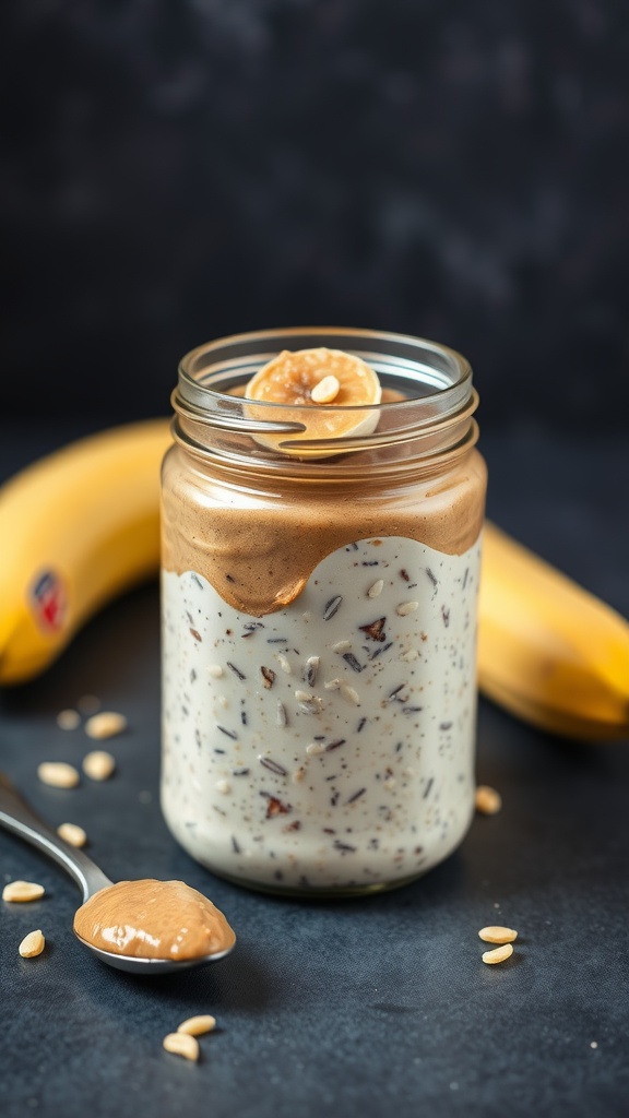 A jar of peanut butter banana overnight oats with a spoon and bananas in the background.