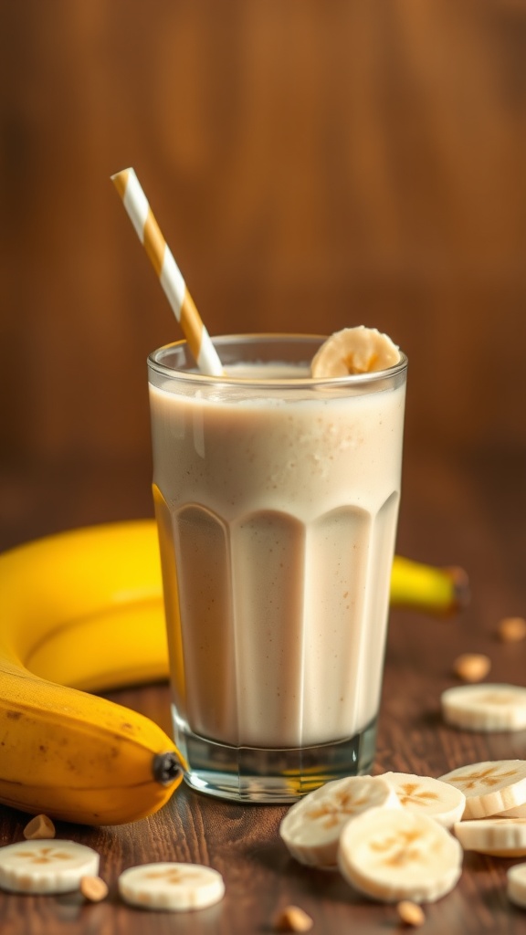 A refreshing Peanut Butter Banana Smoothie in a glass with a straw, surrounded by bananas and banana slices.