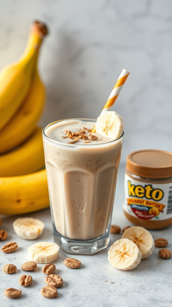 A creamy peanut butter banana smoothie in a glass with sliced bananas and peanut butter jar in the background.