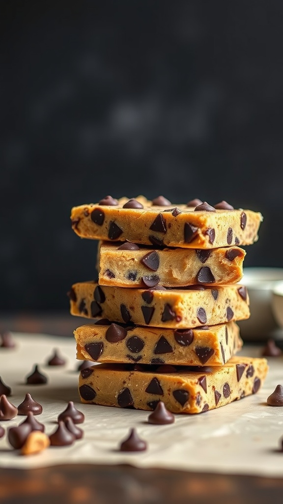 Peanut butter chocolate chip bars stacked on top of each other