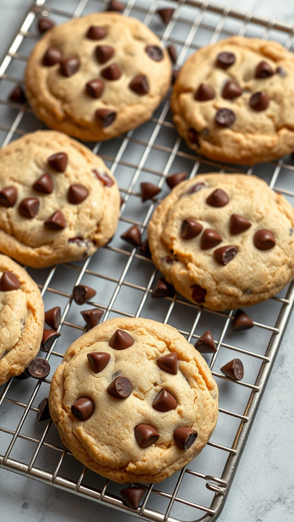 Peanut butter chocolate chip cookies arranged on a wire rack.