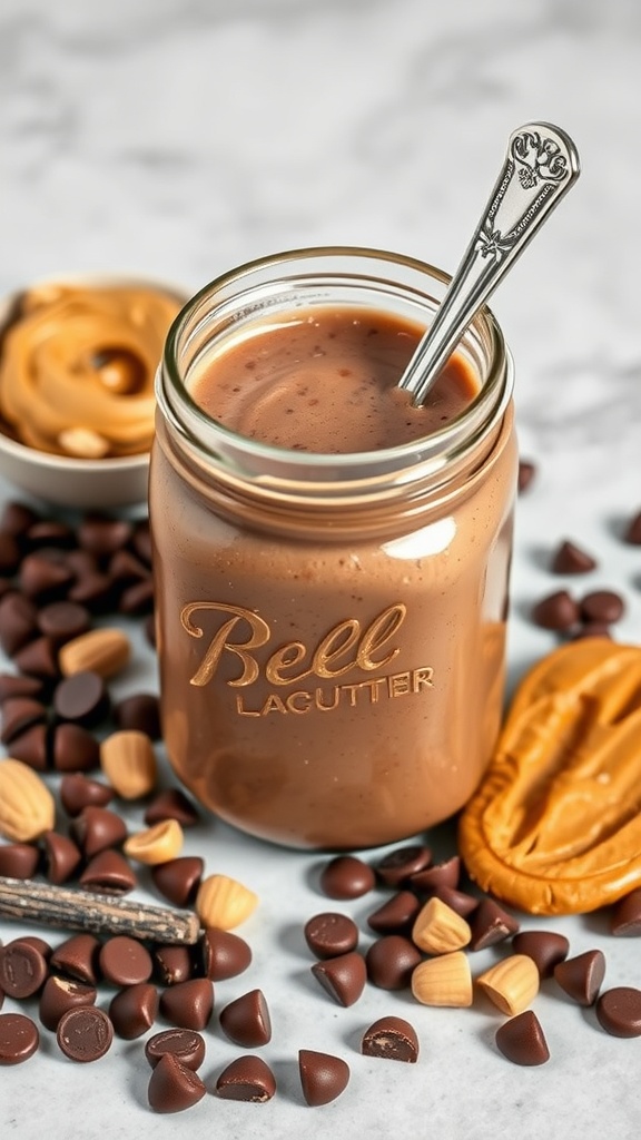 A jar of creamy Peanut Butter Chocolate Protein Smoothie with a spoon