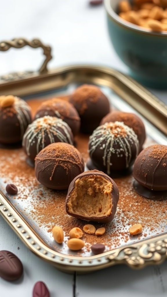 Delicious peanut butter chocolate truffles on a decorative tray.