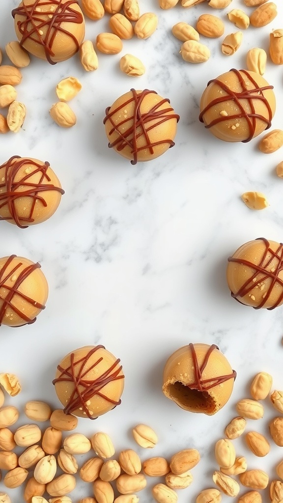 Peanut Butter Fat Bombs arranged on a marble surface with peanuts scattered around.