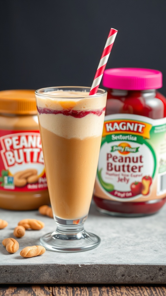 A delicious peanut butter jelly smoothie in a tall glass with a straw, surrounded by peanut butter and jelly jars.