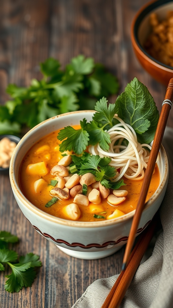 Bowl of peanut butter ramen garnished with cilantro and peanuts.