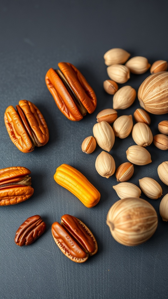 A variety of nuts including pecans on a dark surface