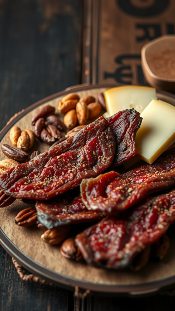 A tasty arrangement of peppered beef jerky, cheese slices, and mixed nuts.