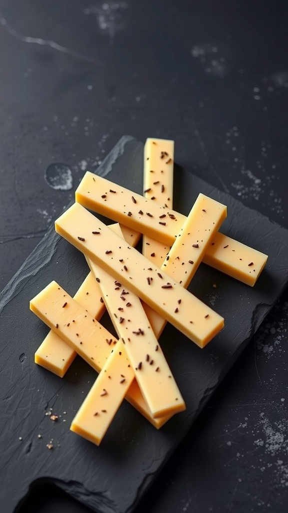 Peppered Gouda cheese sticks arranged on a slate platter