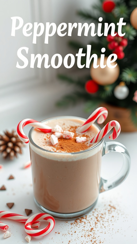 A refreshing and creamy peppermint cocoa smoothie topped with candy canes and peppermint pieces.