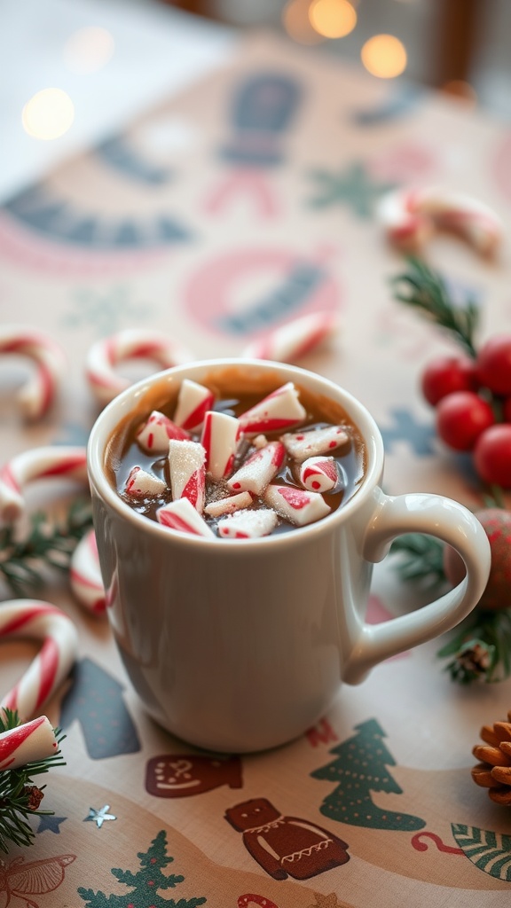 A cup of peppermint keto coffee topped with crushed peppermint pieces, surrounded by festive decorations.