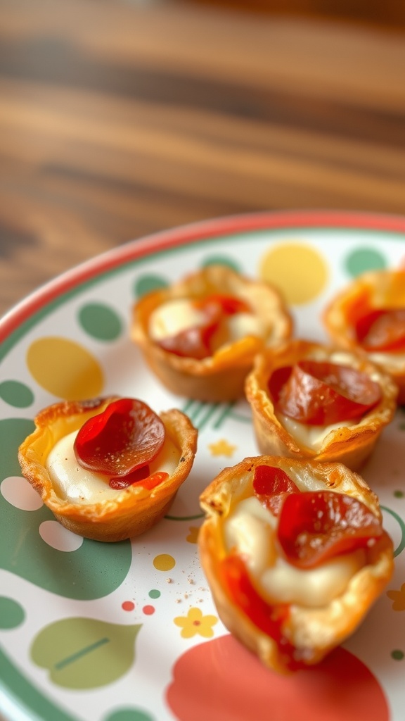 Delicious pepperoni and cheese bites arranged on a colorful plate.