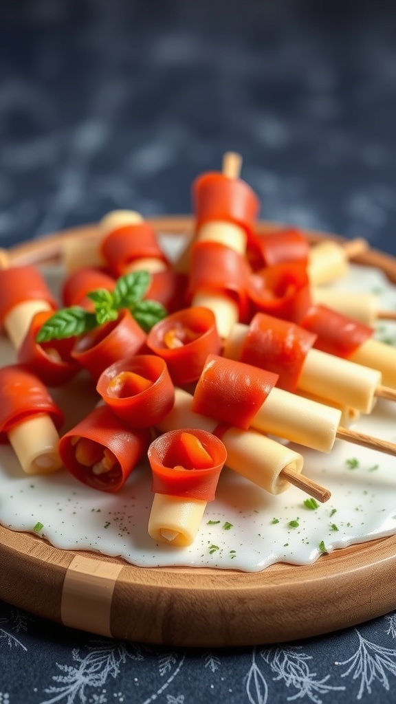 Plate of pepperoni and cheese roll-ups garnished with herbs