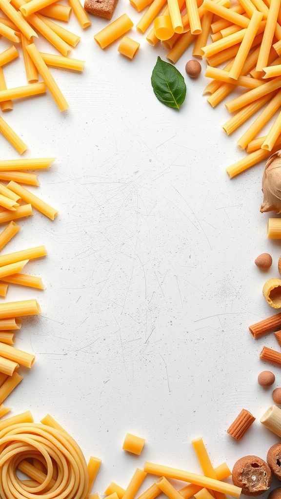 Various types of pasta on a white background.