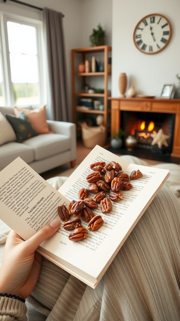 A cozy setting with a hand holding a book and keto candied pecans on its pages.