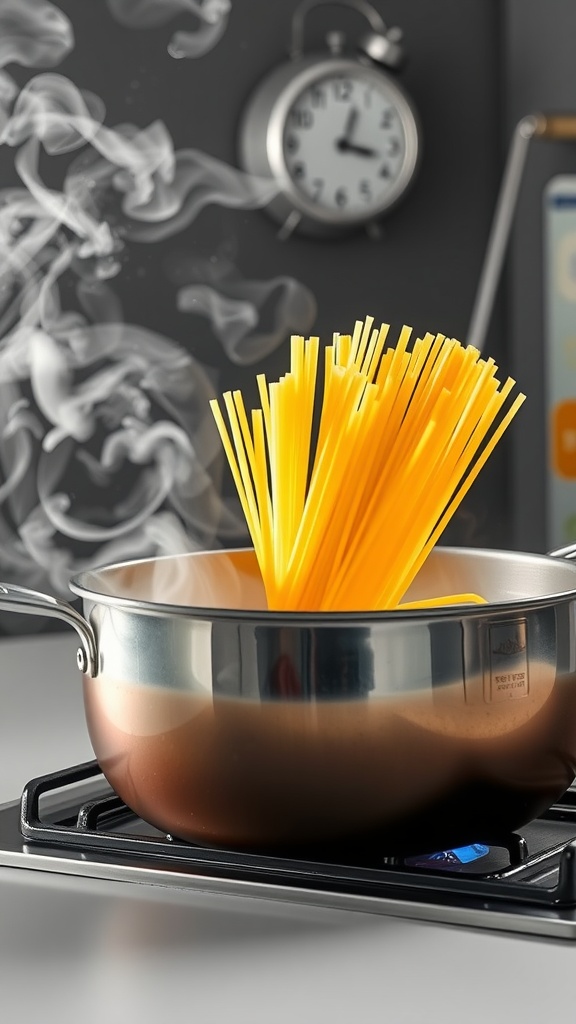 A pot of spaghetti being cooked on the stove