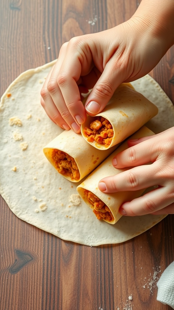 Hands rolling chicken taquitos on a flat surface.
