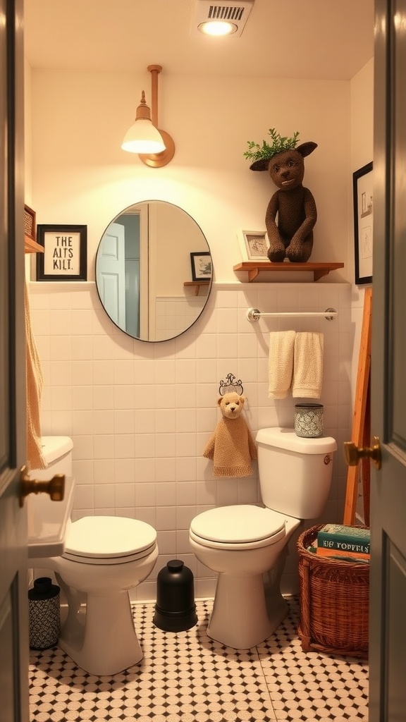 A cozy half bathroom featuring personalized accessories like a plush toy, framed art, and decorative towels.