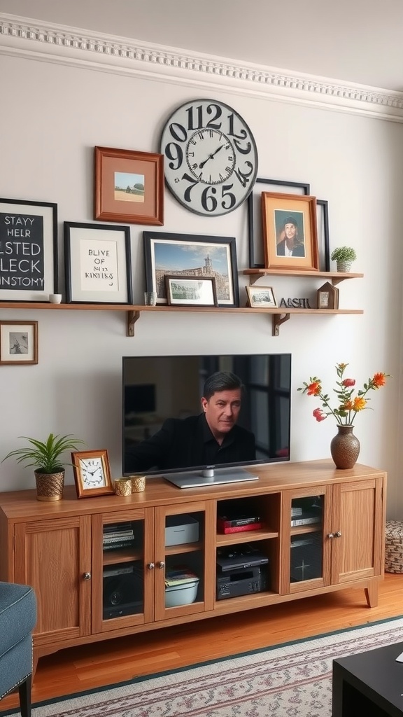 A cozy entertainment center with a TV, shelves displaying framed photos, a clock, and decorative plants.