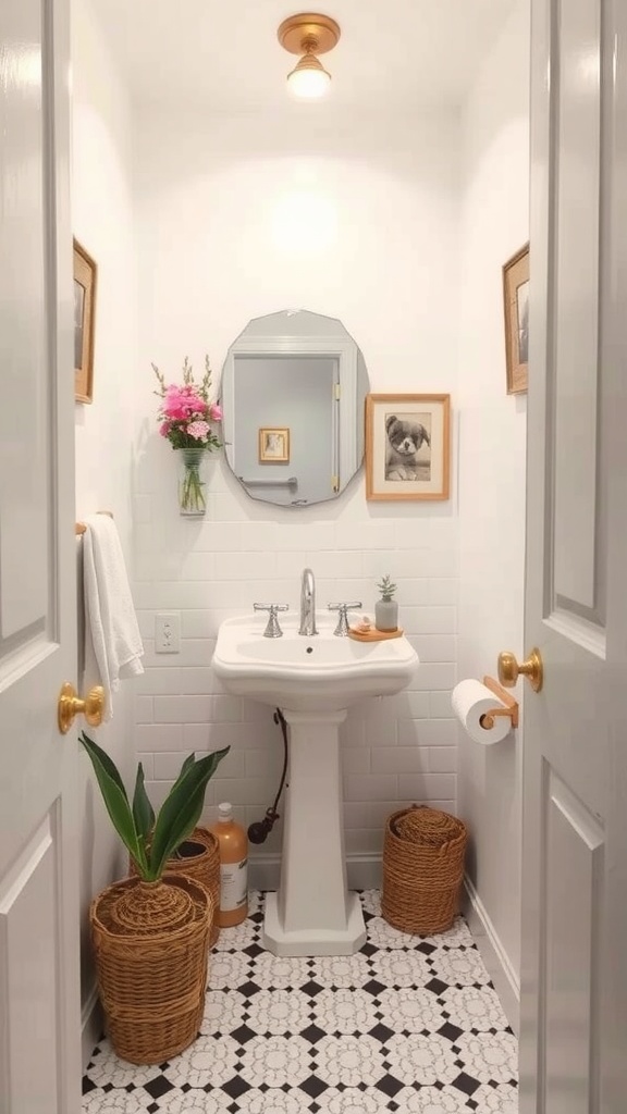 A small bathroom featuring a sink, decorative plants, and framed pictures on the wall.