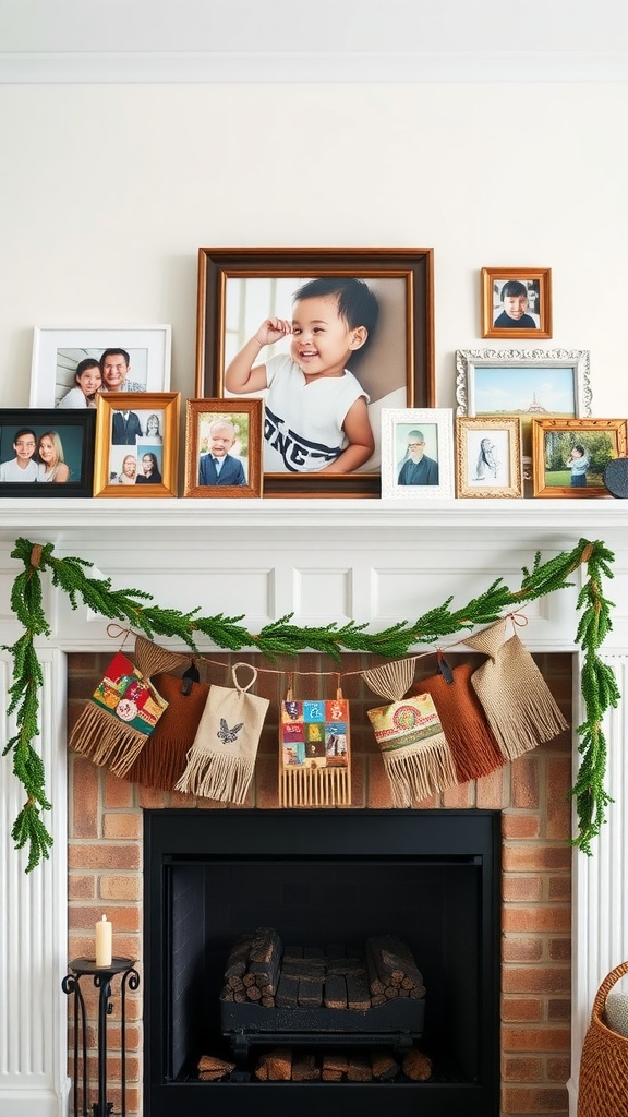A fireplace mantel decorated with family photos and festive garlands