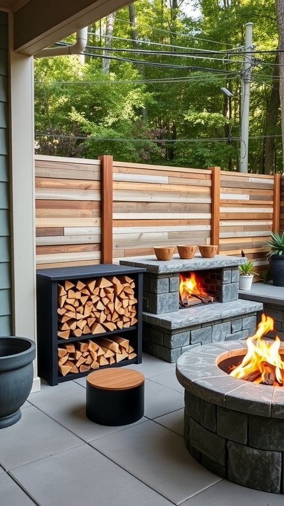 A modern outdoor patio featuring a firewood storage unit and a fire pit.