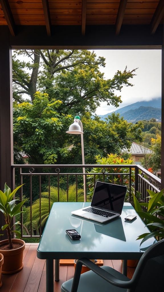 A cozy balcony workspace featuring a table with a laptop, phone, and potted plants, surrounded by greenery and a mountain view.