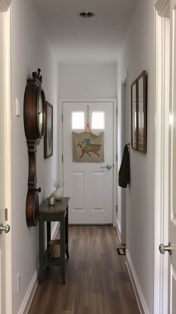 A small hallway featuring a wall clock, a decorative table, and various wall art.