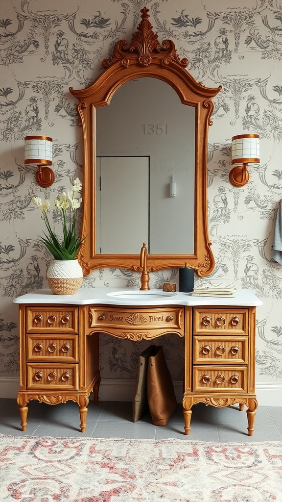 A beautifully designed vanity with custom engravings, featuring a mirror and stylish decor.