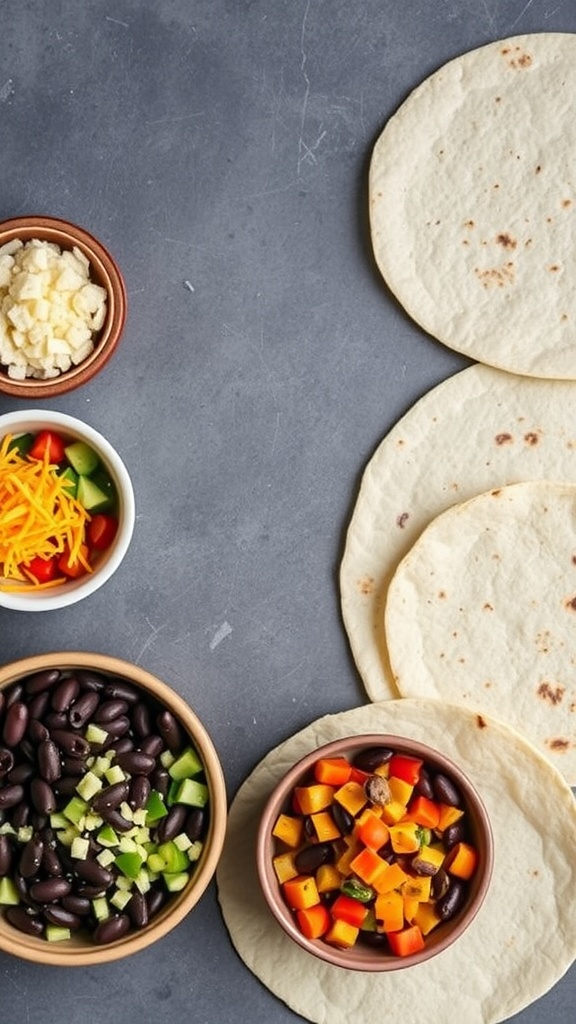 A collection of ingredients for making chicken taquitos, including tortillas, black beans, cheese, and various veggies.