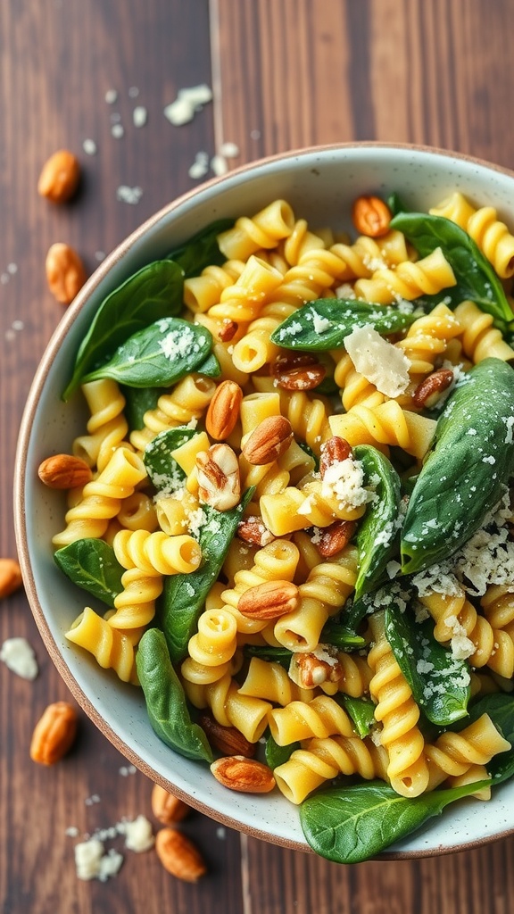 A bowl of pesto and spinach fusilli salad garnished with nuts and cheese