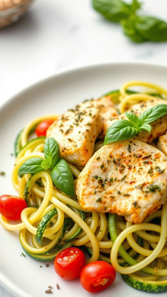 A plate of pesto chicken served over zucchini noodles with cherry tomatoes and basil.