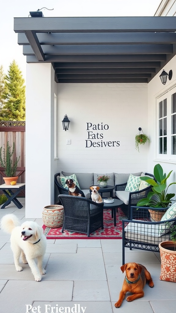 A pet-friendly outdoor patio with dogs relaxing and comfortable seating.