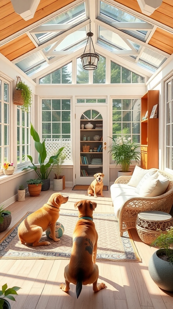 A pet-friendly sunroom featuring dogs playing on a rug near cozy seating and plants.