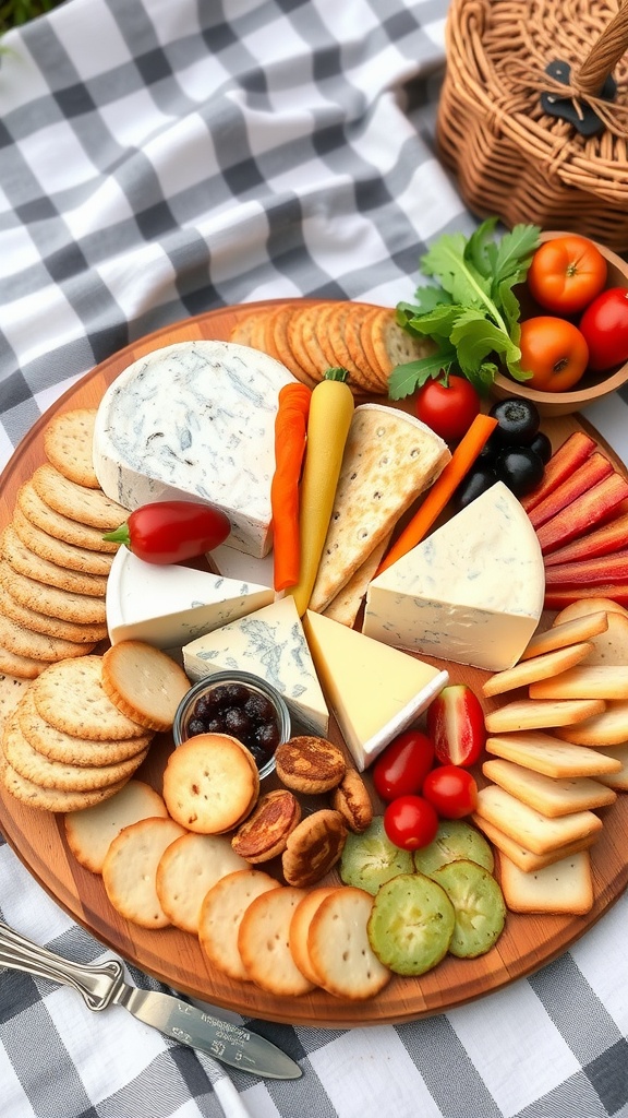 A picnic-inspired cheese platter featuring assorted cheeses, crackers, fresh vegetables, and olives.