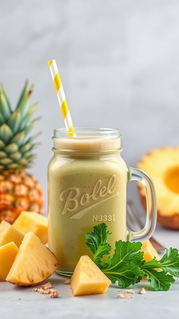 A refreshing pineapple and kale smoothie in a glass jar with a yellow straw, surrounded by fresh pineapple chunks and kale leaves.