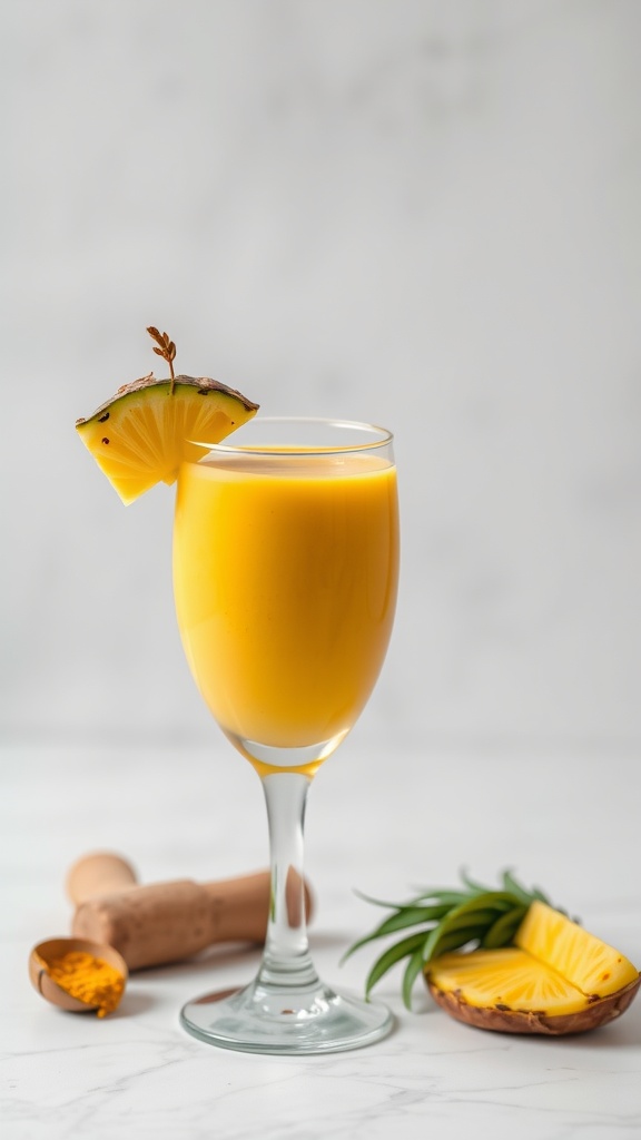 A vibrant pineapple and turmeric smoothie, garnished with a pineapple slice