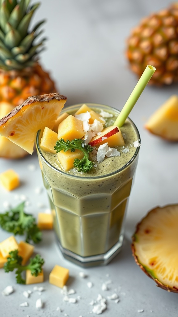 A refreshing kale smoothie with pineapple and coconut garnished with a slice of pineapple and a straw.